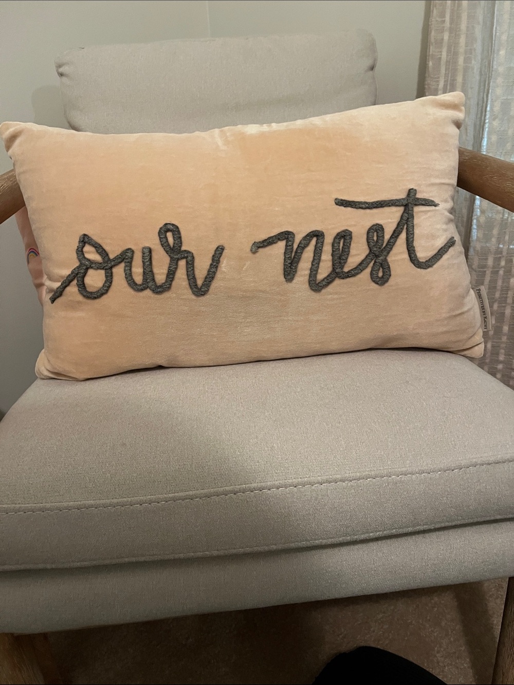 Primitives by Kathy Velvet Accent Pillow in Blush Beige with “our nest”